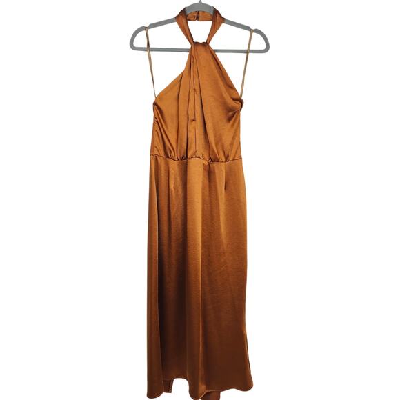 Undress Paula Tawny Brown Cocktail Midi Dress Womens Large Satin Halter Twist - Picture 1 of 9